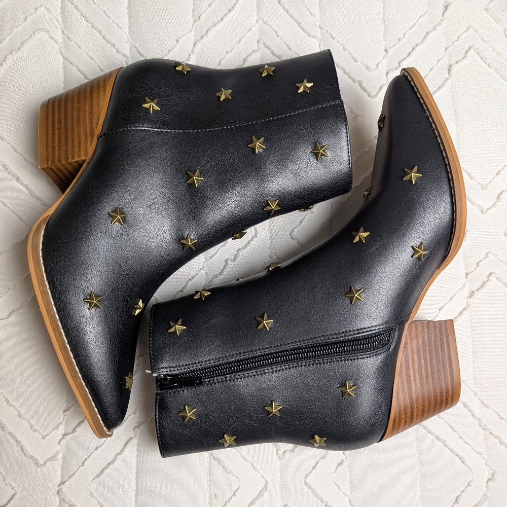 Oasis Society Starry Black Ankle Boots with Gold Accents
